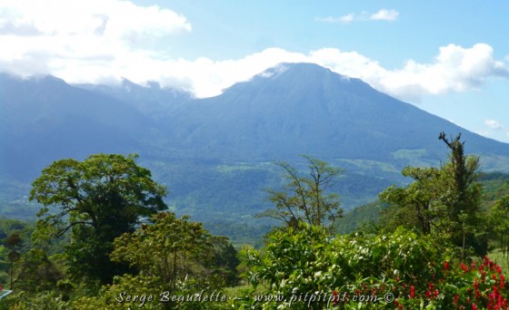 …De cette terrasse, la vue est imprenable sur les volcans qui nous ceinturent : le Mirravalles (ici) et le Tenorio! Vue de la terrasse du lodge